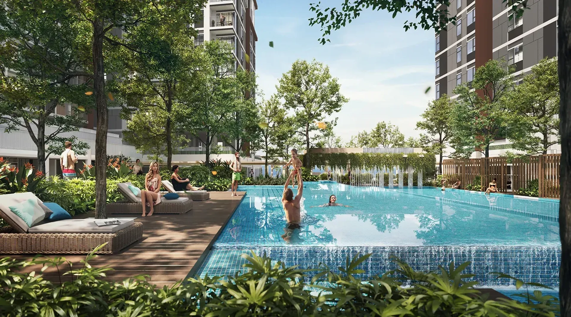 Ngôn ngữ kiến trúc sinh thái với dải hành lang xanh giật cấp kết nối liền mạch từ khối đế thương mại lên đến các tầng căn hộ cao cấp