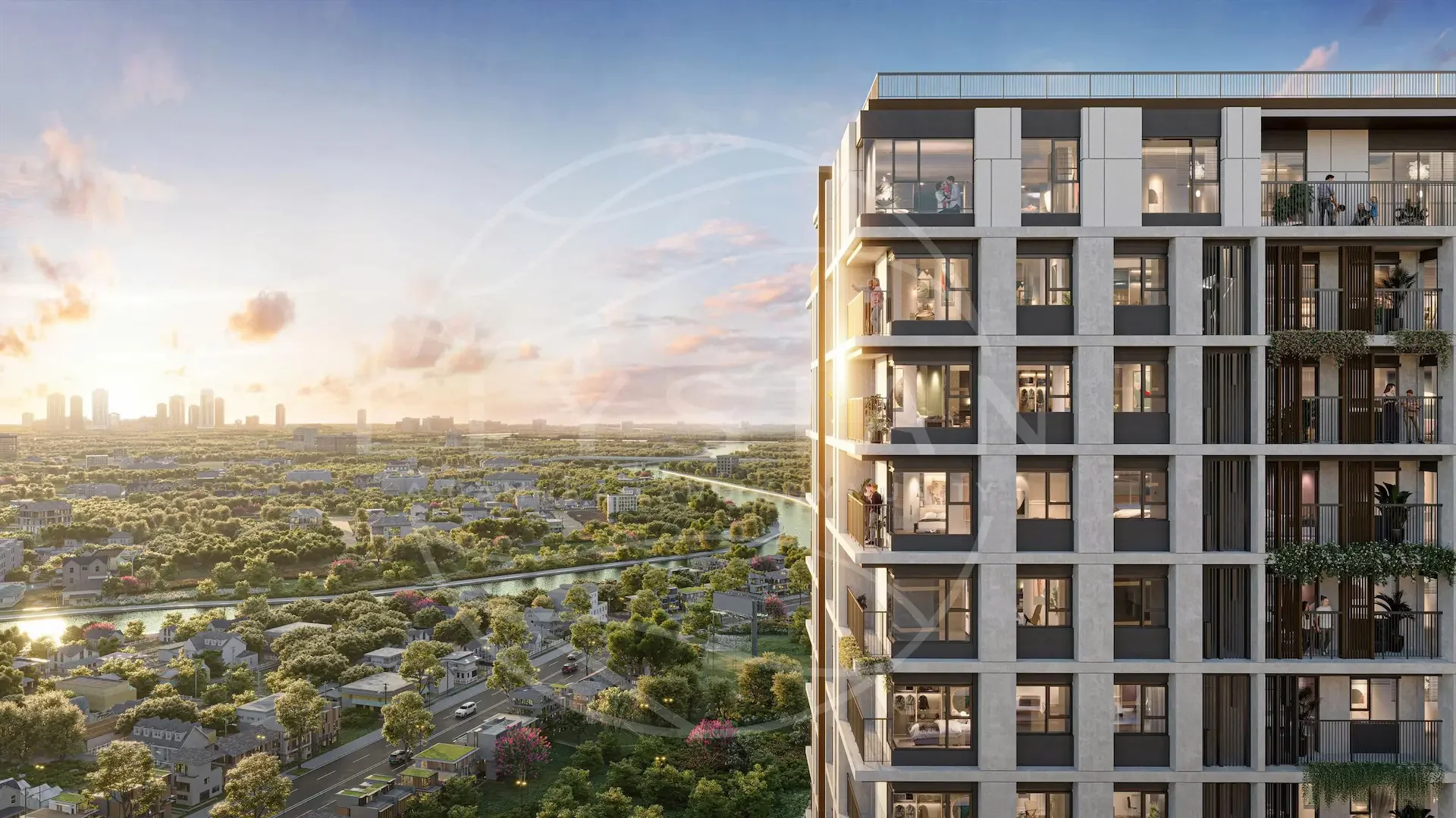 Phối cảnh toàn cảnh 4 khối tháp Elysian vươn mình kiêu hãnh giữa ốc đảo sinh thái 2.84 ha tại mặt tiền đường Lò Lu, TP. Thủ Đức