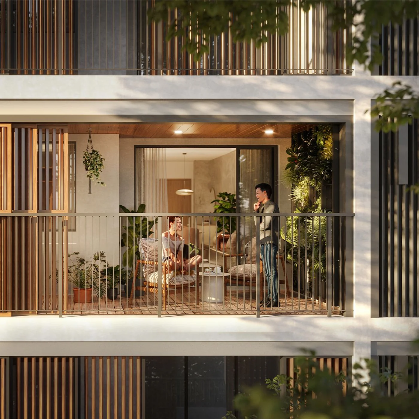 Không gian ban công Lanai mở rộng sâu 1.8m độc quyền của Elysian kết nối phòng khách với khu vườn trên không tràn ngập sắc hoa