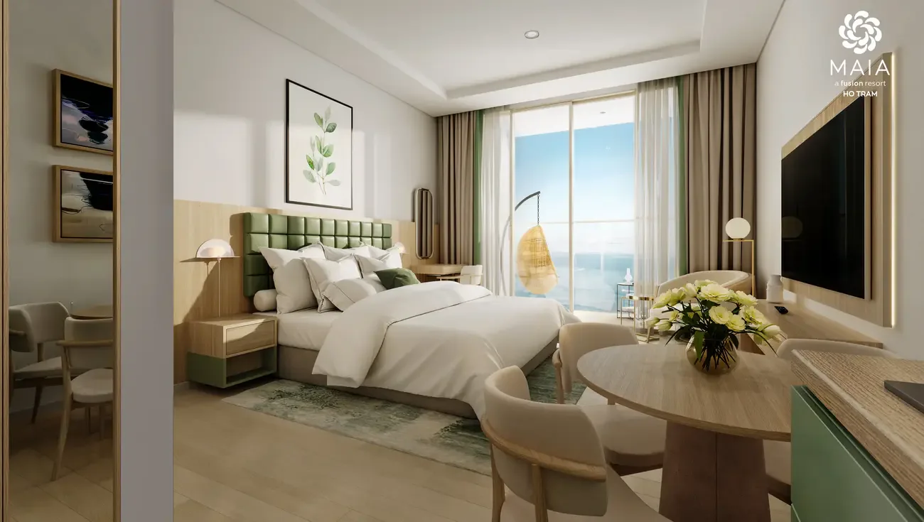 Phối cảnh phòng ngủ với giường, bàn tròn và cửa hướng biển
