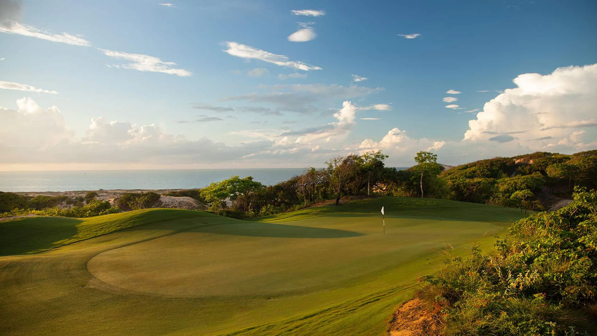 Ảnh sân golf với đồi cây và mặt biển phía xa