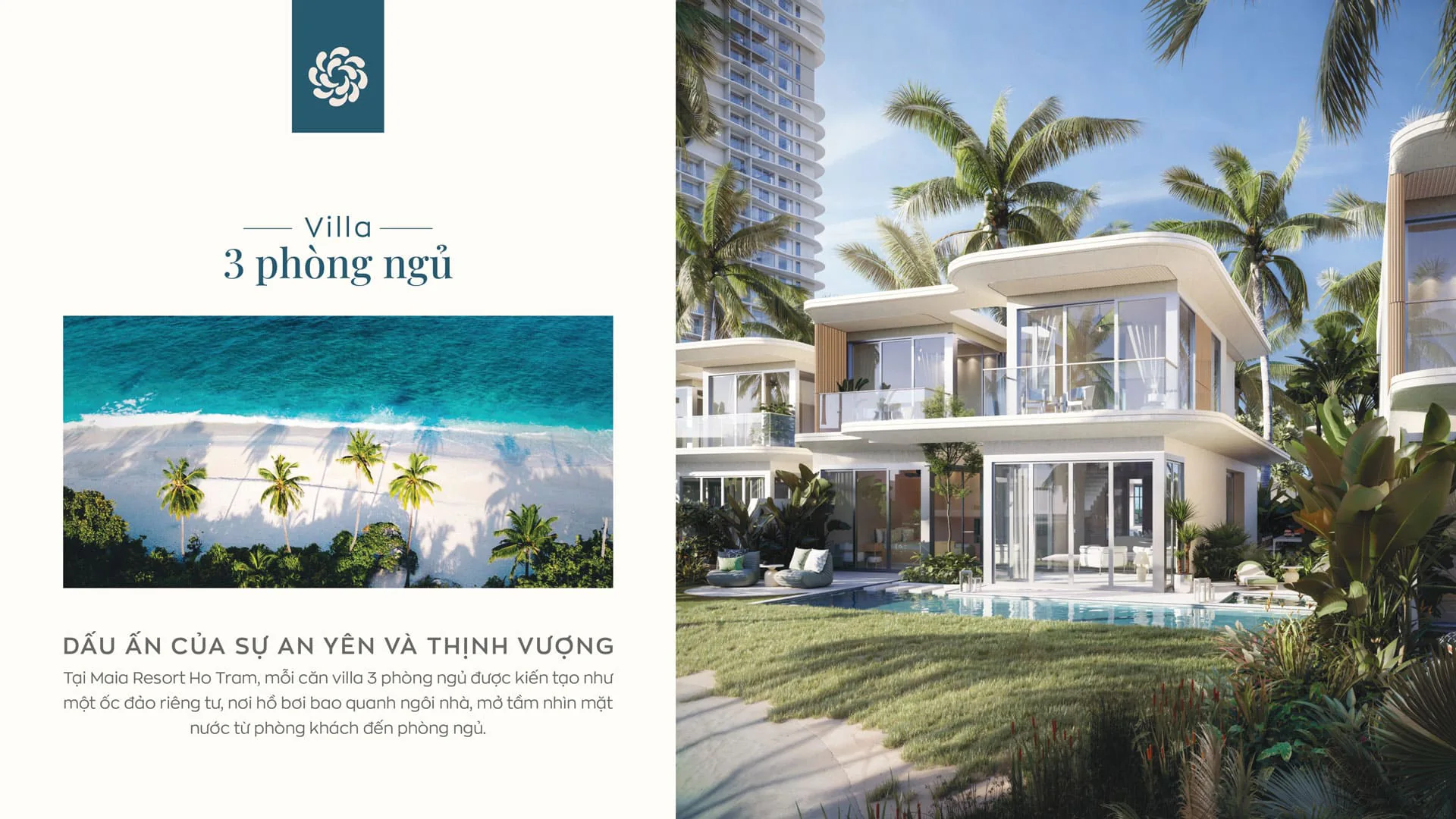 Phối cảnh ngoại thất biệt thự hai tầng bên hồ bơi