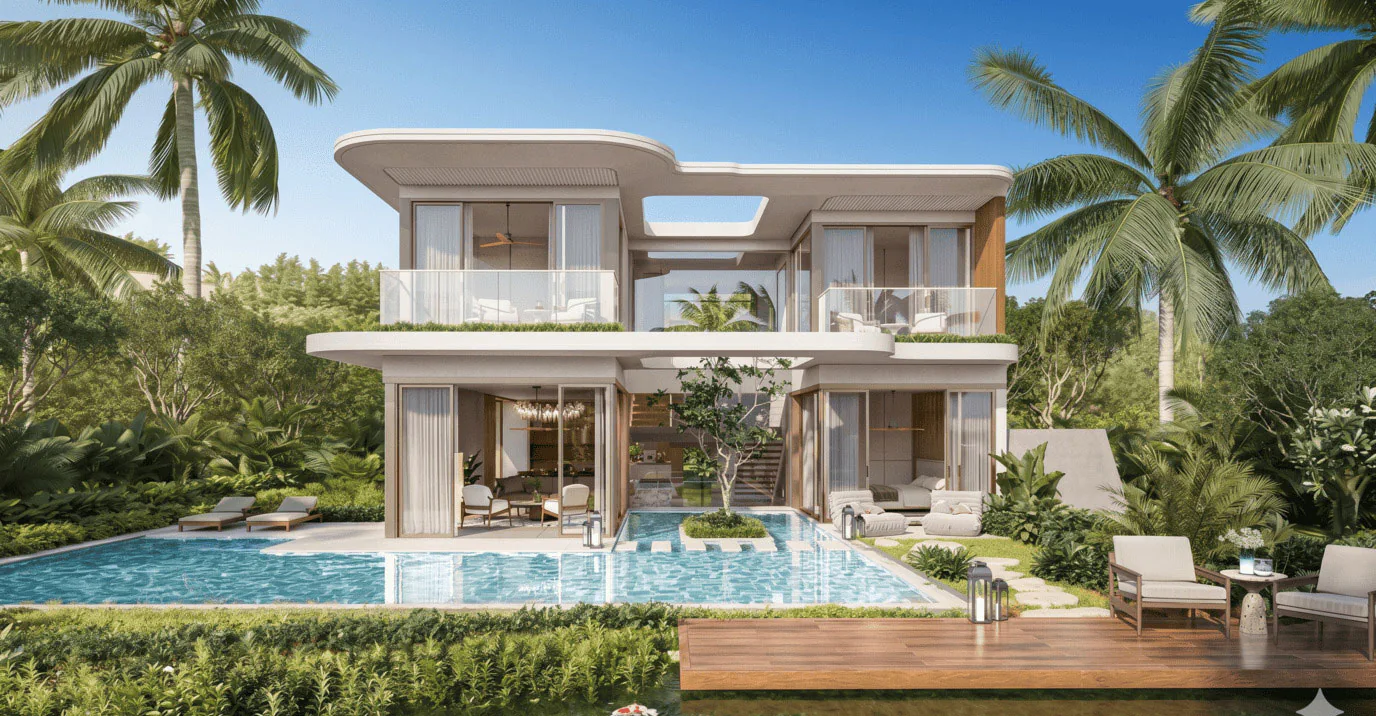 Phối cảnh ngoại thất biệt thự nhìn qua hồ bơi