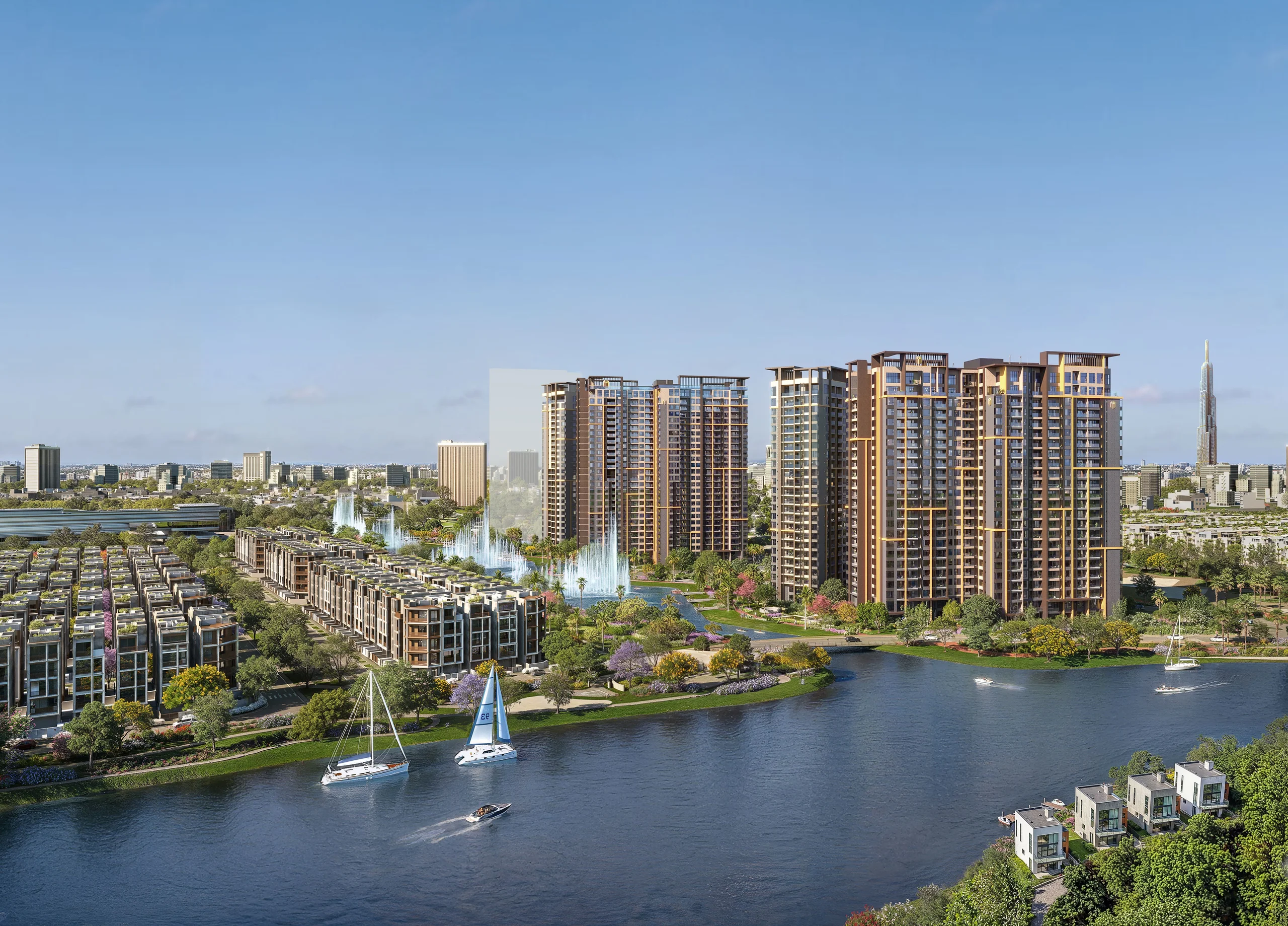 Commercial podium and waterfront promenade at Masteri Cosmo Central overlooking Landmark 81