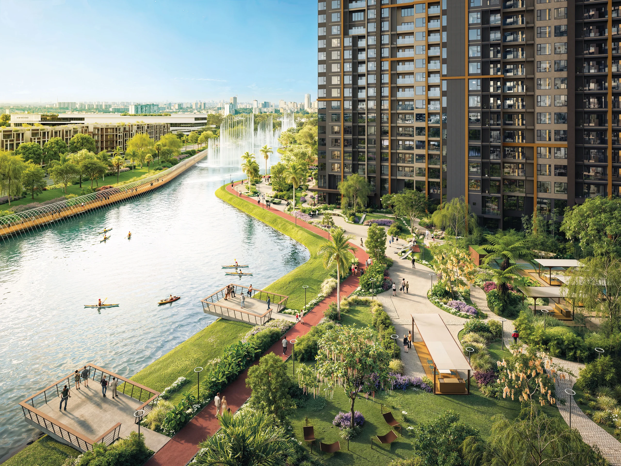 Terra Tropical architectural facade of Masteri Cosmo Central seamlessly integrated with lush landscape