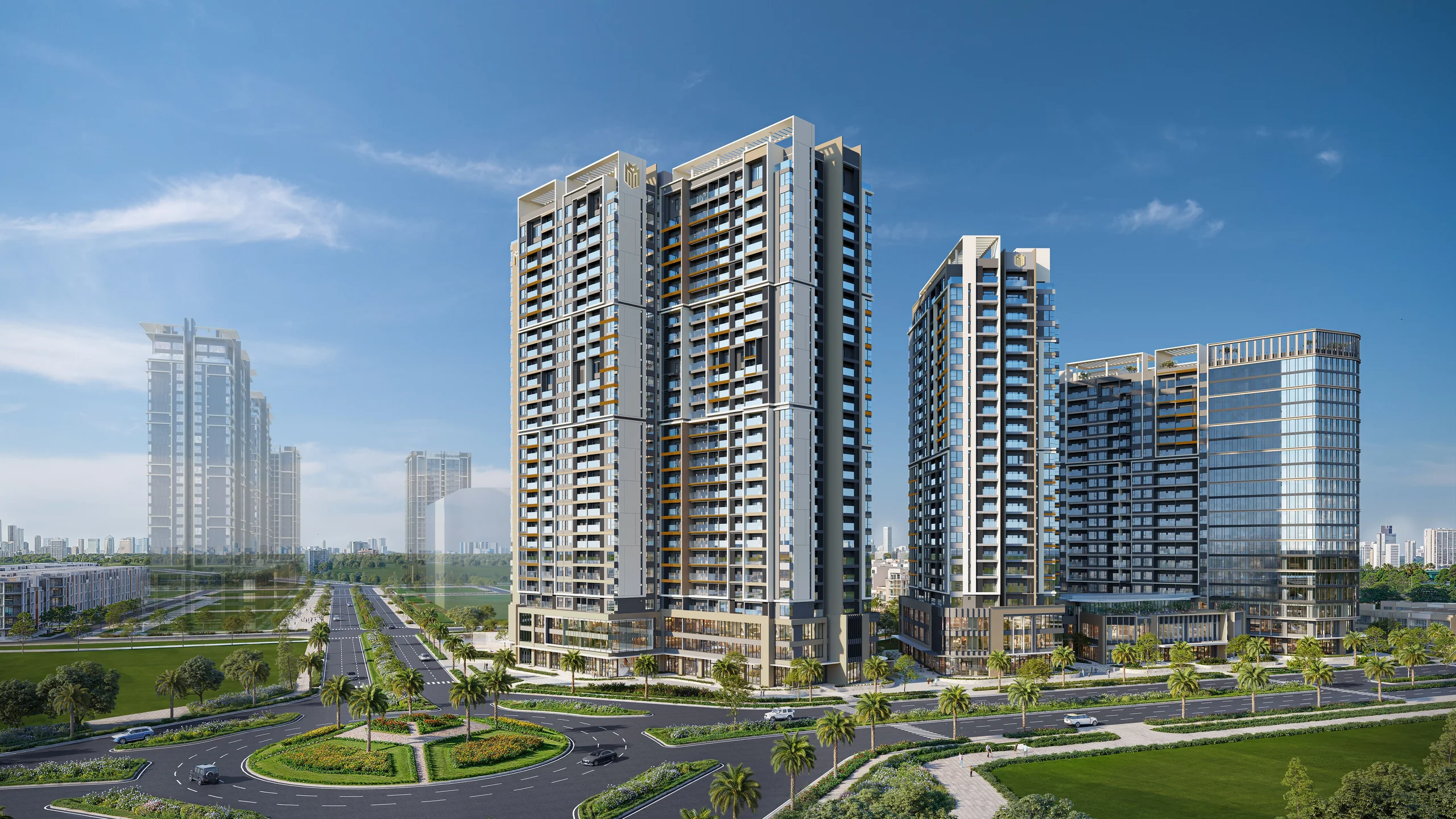 Daylight panoramic view of Masteri Cosmo Central fronting the bustling Lien Phuong Boulevard
