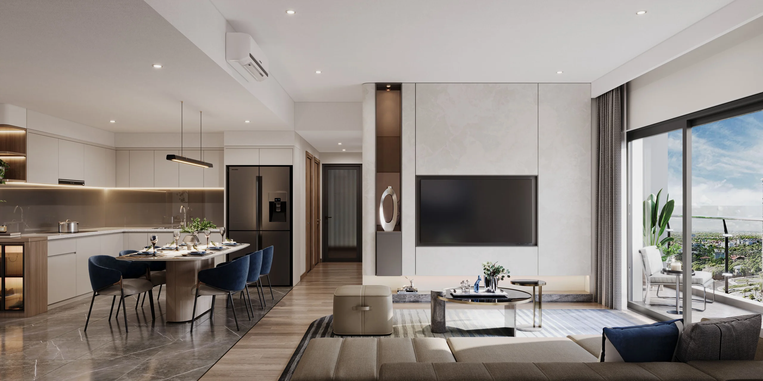 Sophisticated interior design of 3-bedroom living and open kitchen suite at Masteri Cosmo Central