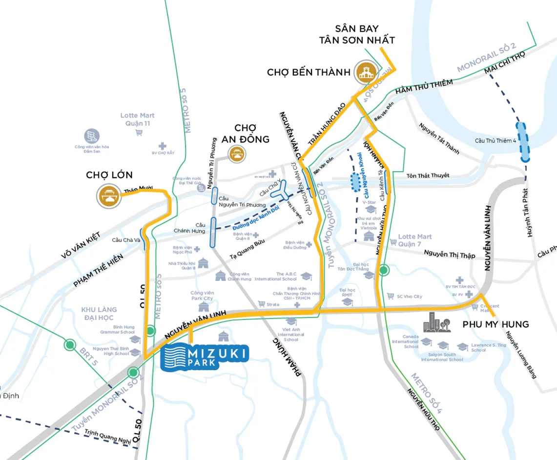 Bản đồ vị trí kết nối giao thông của Mizuki Park trên trục Nguyễn Văn Linh