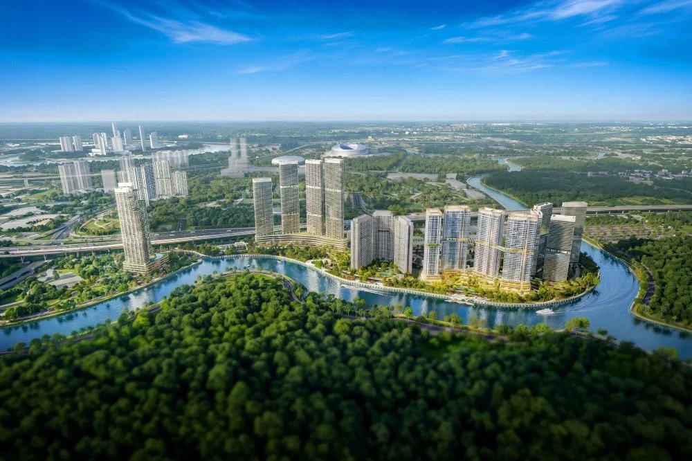 Aerial master view of the 30.2-hectare Palm City eco-township along Giong Ong To River