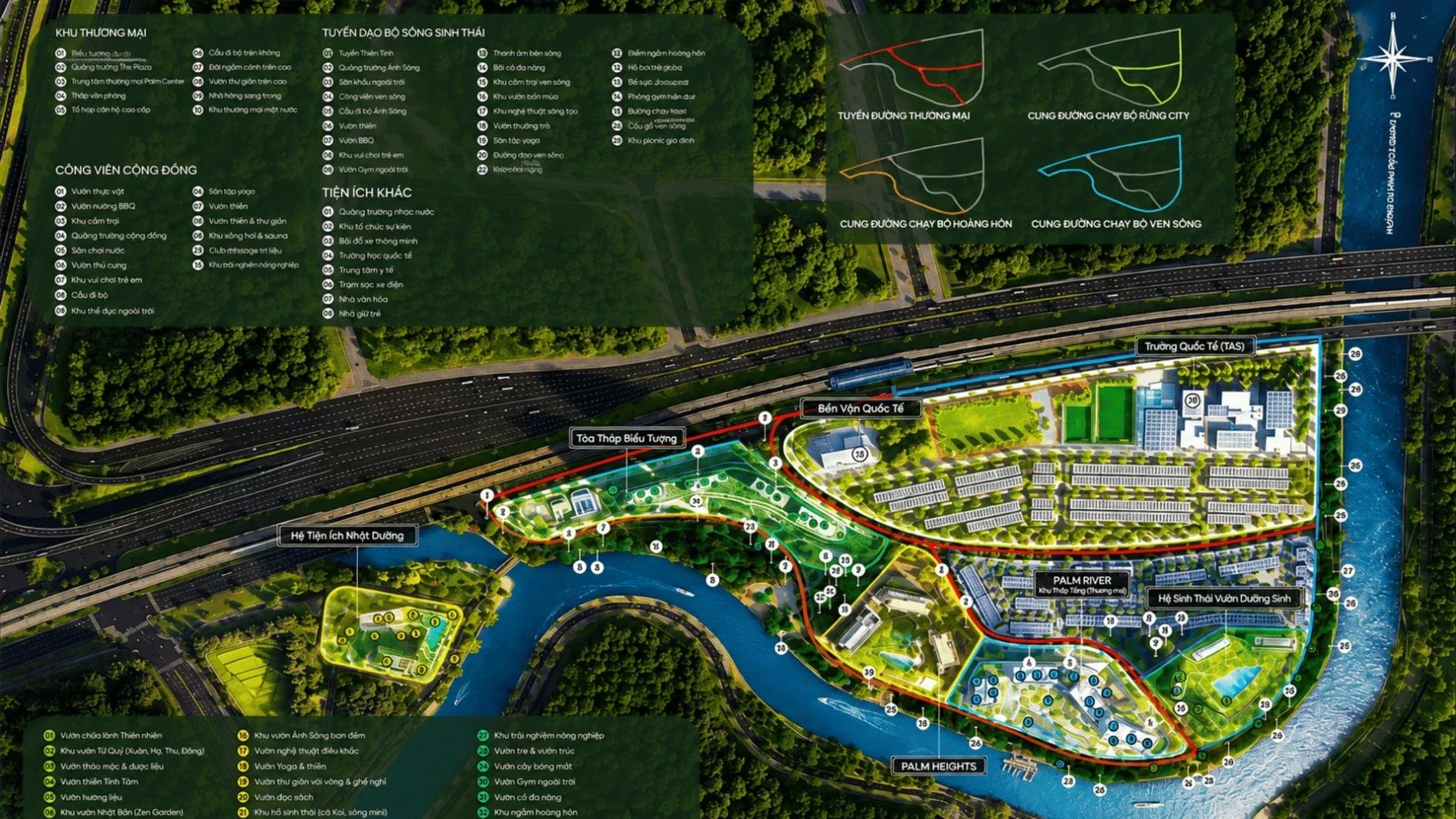 Comprehensive master plan diagram of Palm River showing 68 integrated wellness amenities