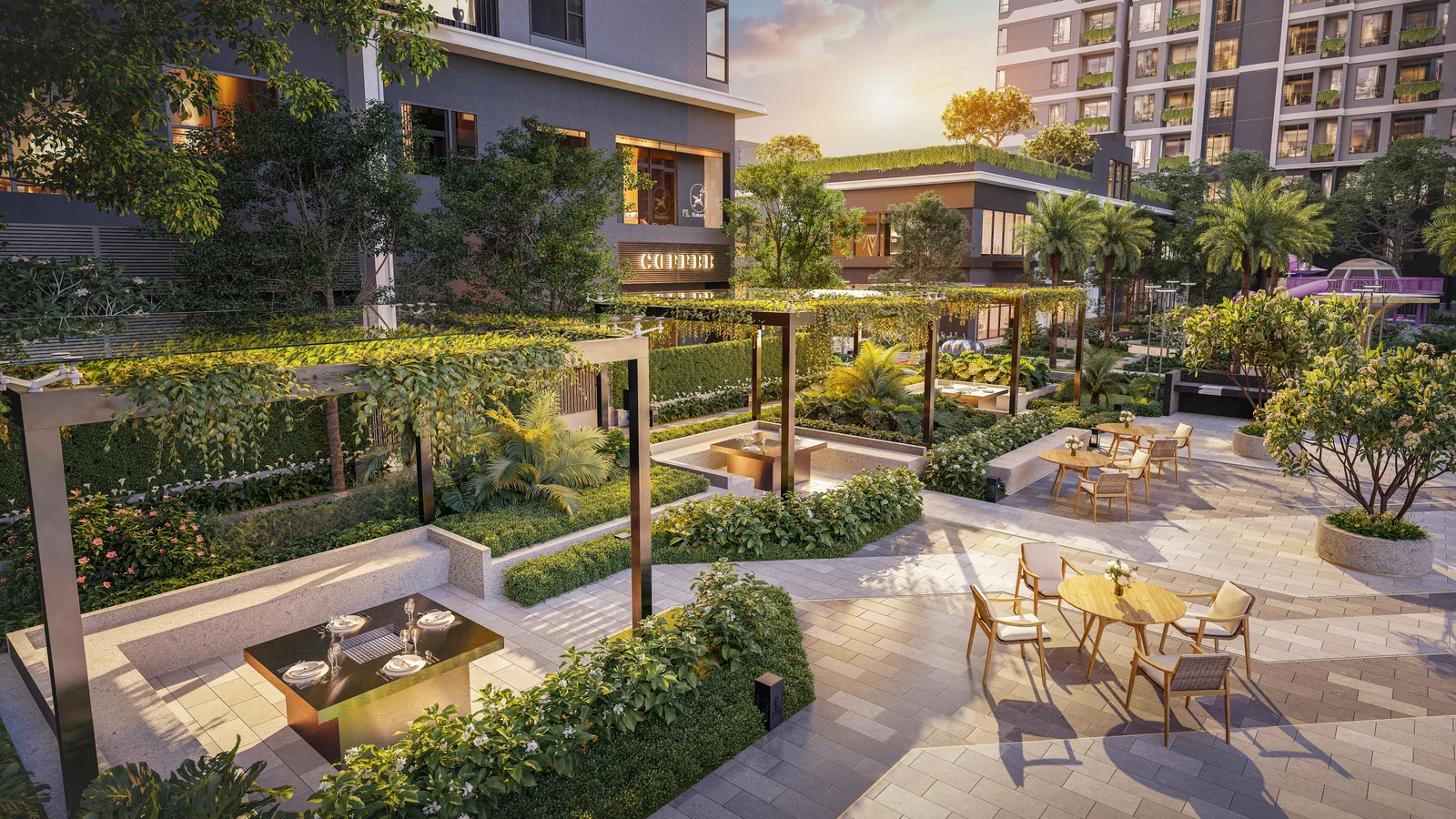Lush outdoor landscape amenities harmoniously blending the natural riverfront with multilayered botanical gardens at The Oasis