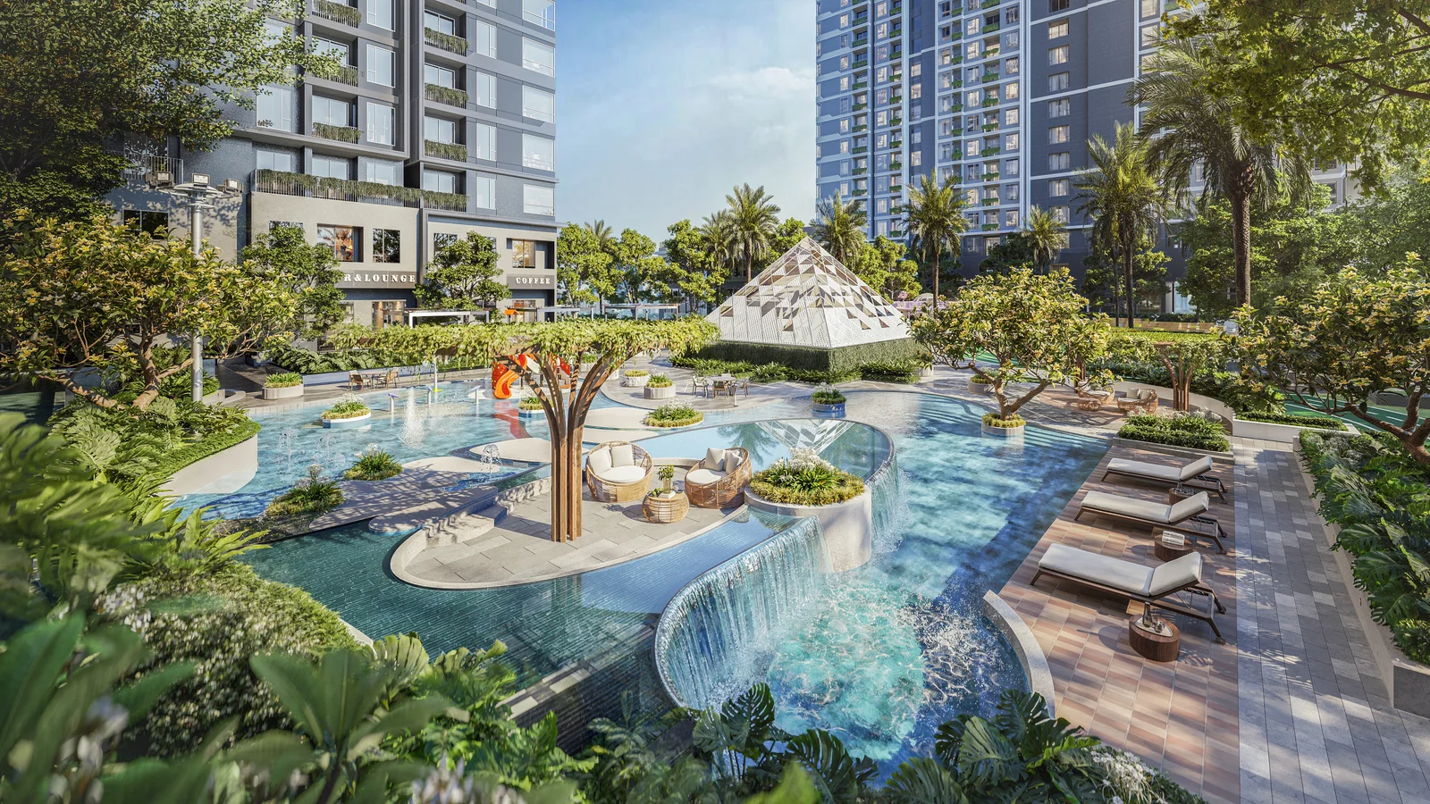 The architectural facade of TT Genesis featuring elegant sunshade louvers and diffused glass reflecting serene river ripples