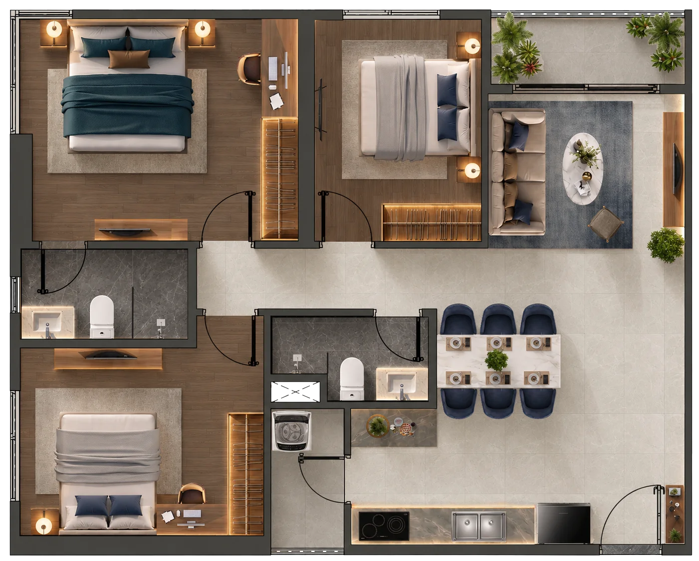 Architectural floorplan layout of Corner Residence Type C1 (82.4 sqm) offering dual river-facing vistas and generous multigenerational living