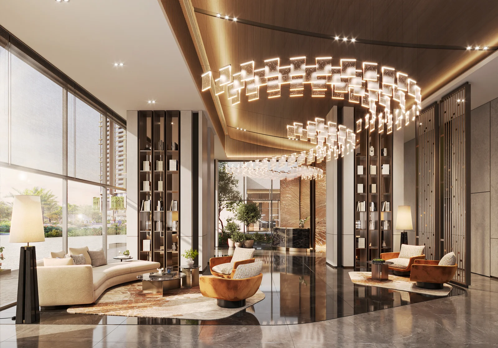 The double-height Grand Starlight Lobby delivering a majestic five-star arrival experience illuminated by natural light and crystal chandeliers