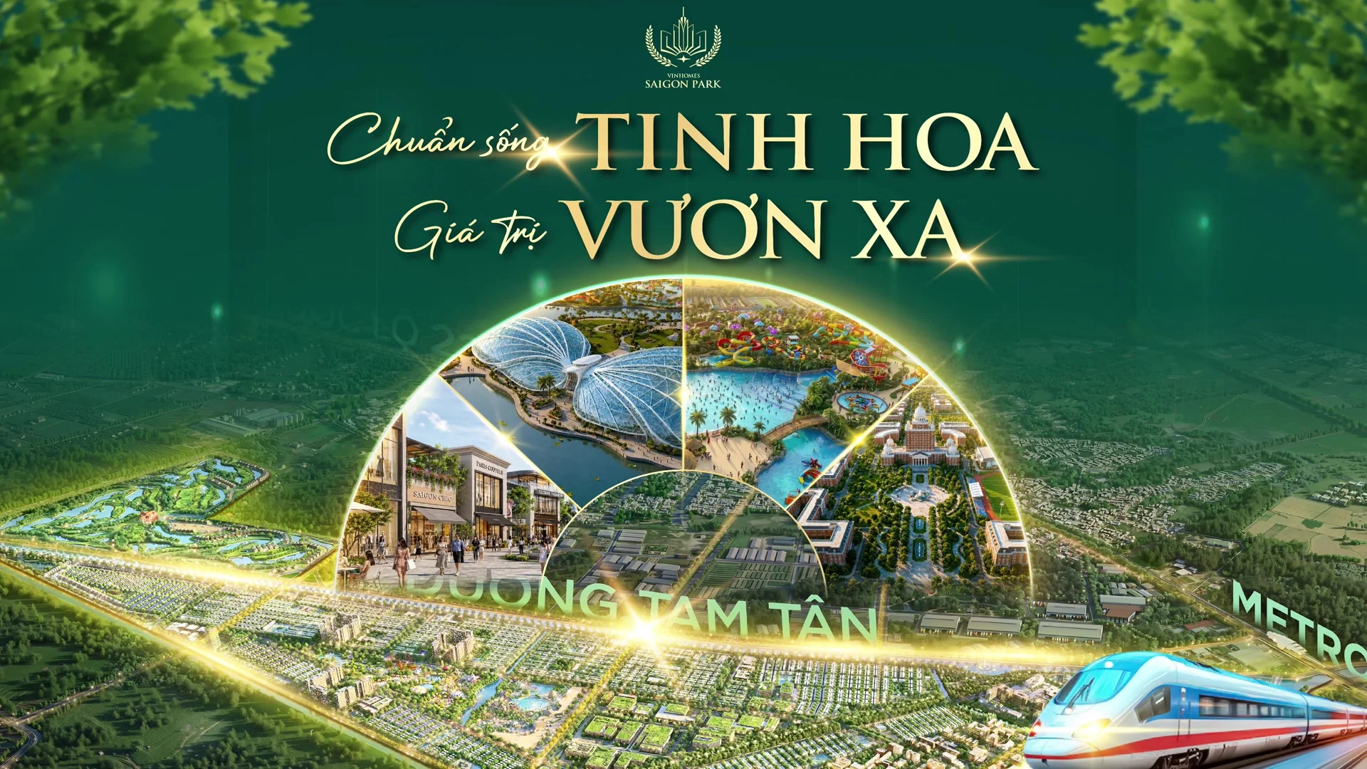 Phối cảnh quảng trường ven hồ với các vòi phun nước nghệ thuật có đèn chiếu sáng và lối dạo bộ lát đá trong ánh hoàng hôn