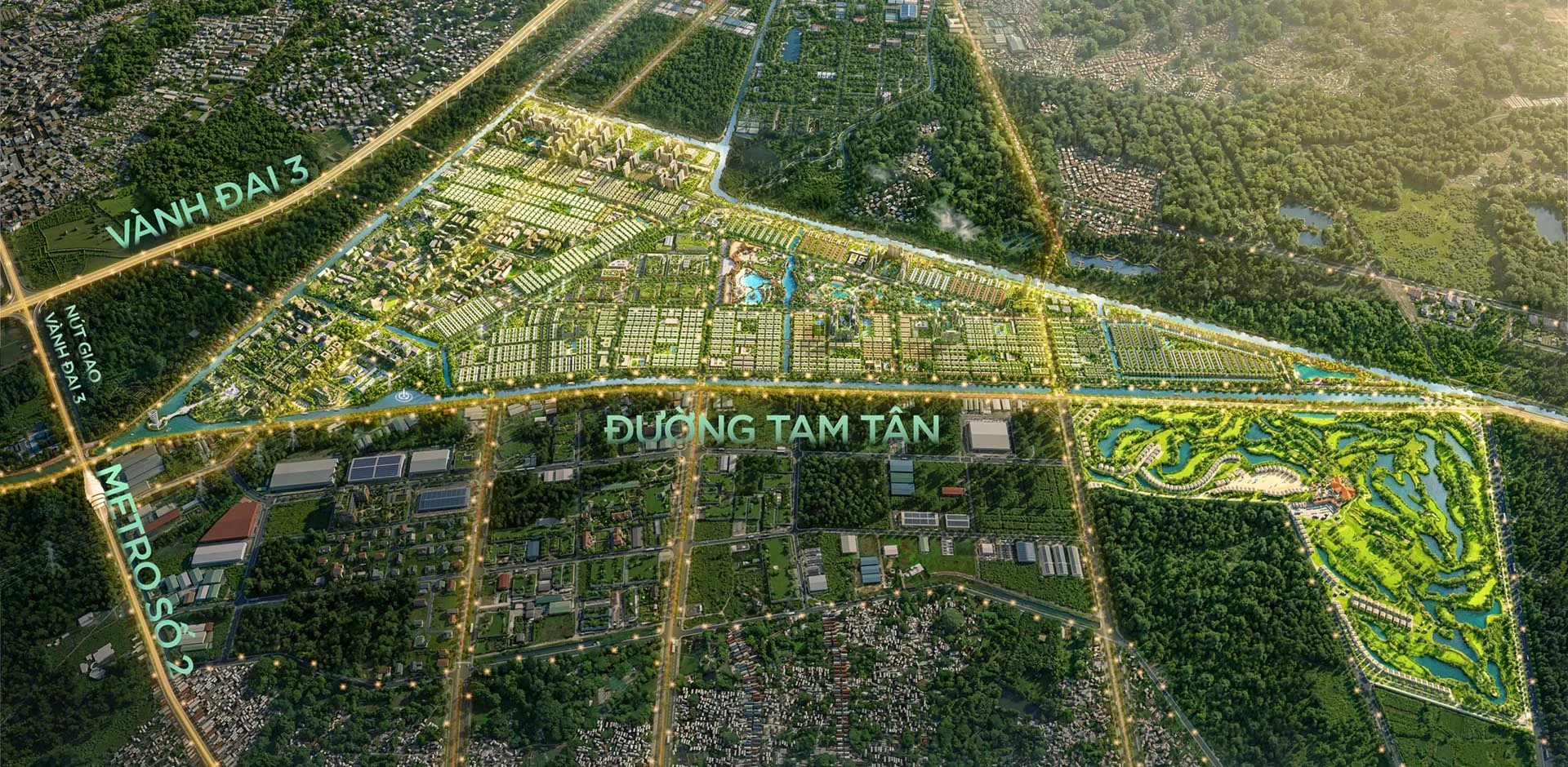 Phối cảnh trục đại lộ thương mại với dãy nhà phố liên kế có tầng trệt mở cửa hàng kinh doanh và vỉa hè rộng rãi rợp bóng cây