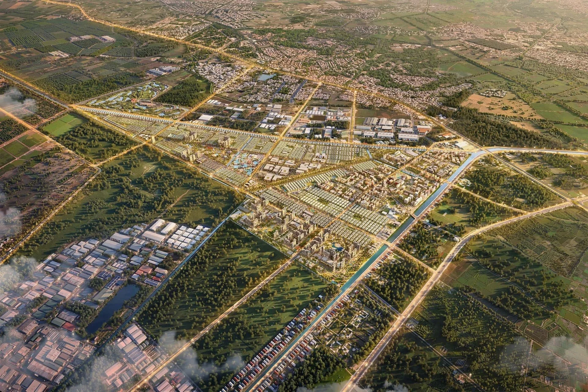 Phối cảnh cụm công trình kiến trúc trường đại học và viện nghiên cứu hiện đại với sân quảng trường đi bộ nội bộ